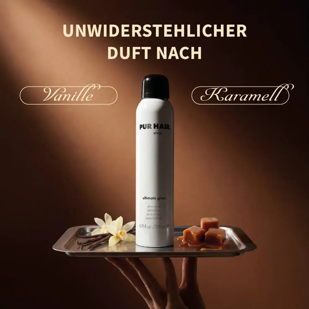 PUR HAIR Ultimate Gloss Glanzspray mit warmem Duft nach Vanille und Karamell.