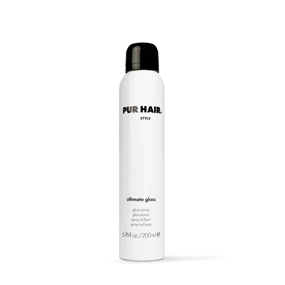 PUR HAIR Ultimate Gloss Glanzspray in der 200-ml-Sprühdose auf transparentem Hintergrund.