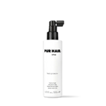 Weiße Flasche des PUR HAIR Heat Protectors mit schwarzem Pumpspender auf transparentem Hintergrund.