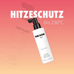 Weiße Flasche des PUR HAIR Heat Protectors vor einem rot orangenem Farbverlauf.