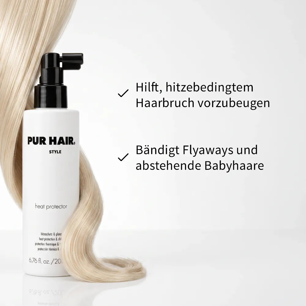PUR HAIR Heat Protector Hitzeschutzspray neben einer blonden Haarsträhne.