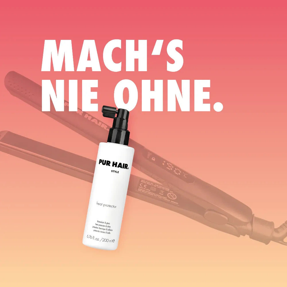 Weiße Flasche des PUR HAIR Heat Protectors vor einem orange-rotem Farbverlauf.