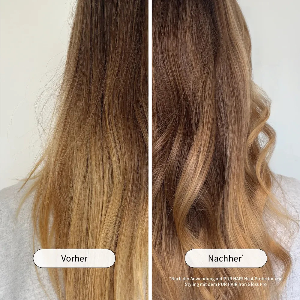 Vorher-Nachher-Vergleich von langem Haar vor und nach der Anwendung des PUR HAIR Heat Protectors.