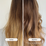 Vorher-Nachher-Vergleich von langem Haar vor und nach der Anwendung des PUR HAIR Heat Protectors.