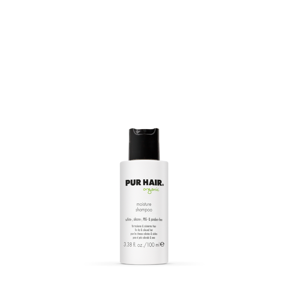 PUR HAIR Organic Moisture Shampoo, 100 ml Flasche in Weiß mit schwarzem Deckel.