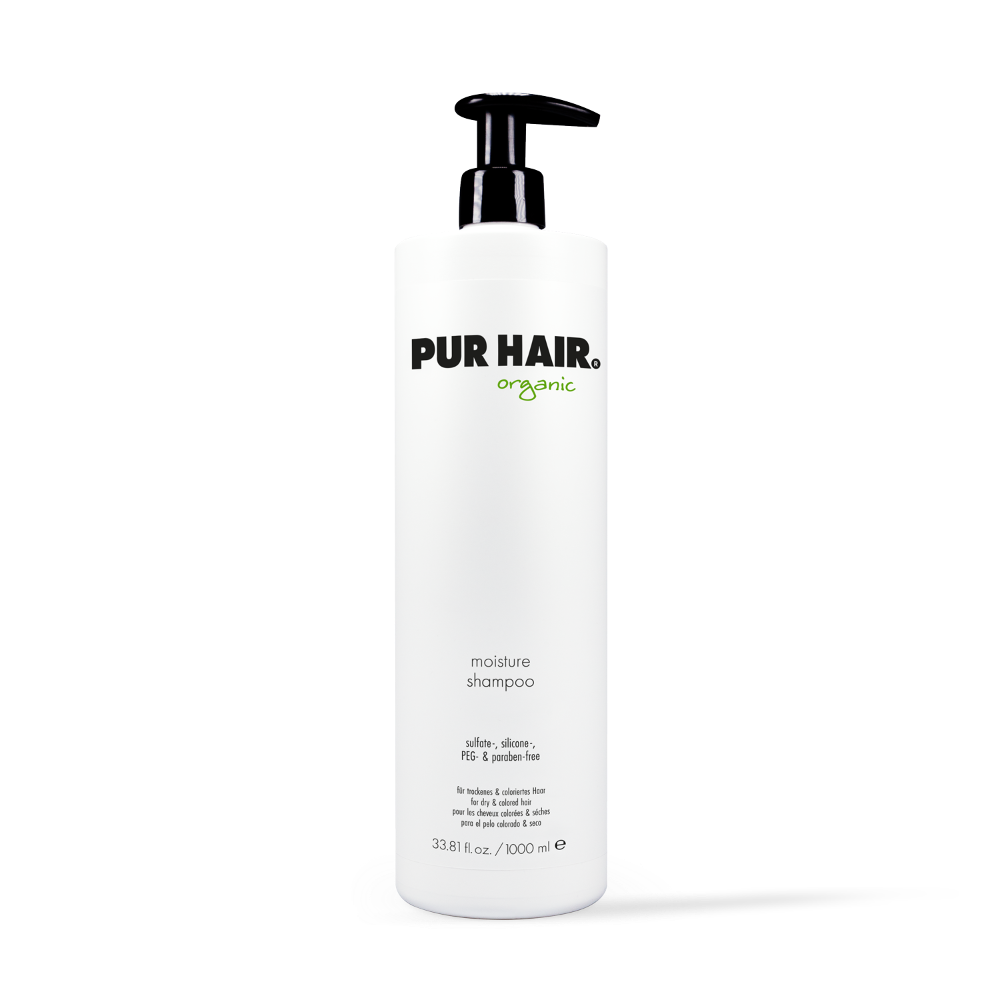 PUR HAIR Organic Moisture Shampoo, 1000 ml Flasche in Weiß mit schwarzem Pumpspender.