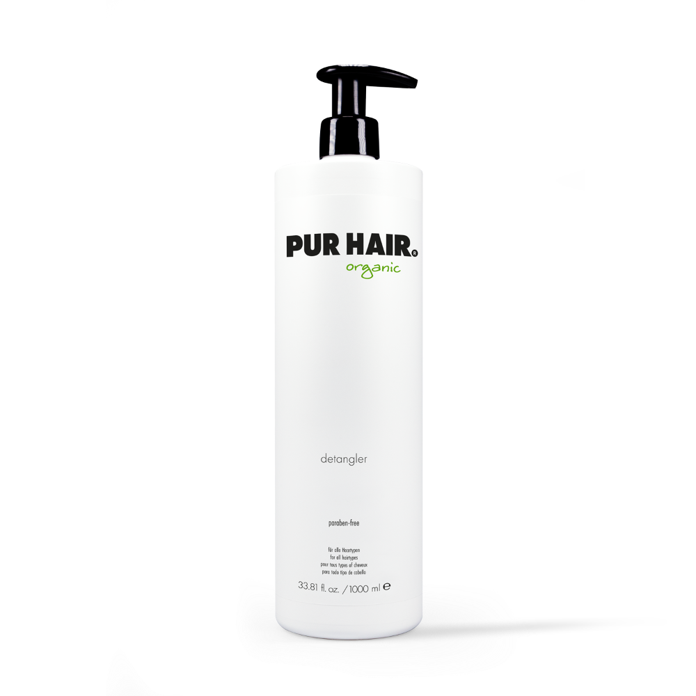 PUR HAIR Detangler, 1000 ml Flasche in weiß mit schwarzem Pumpspender.