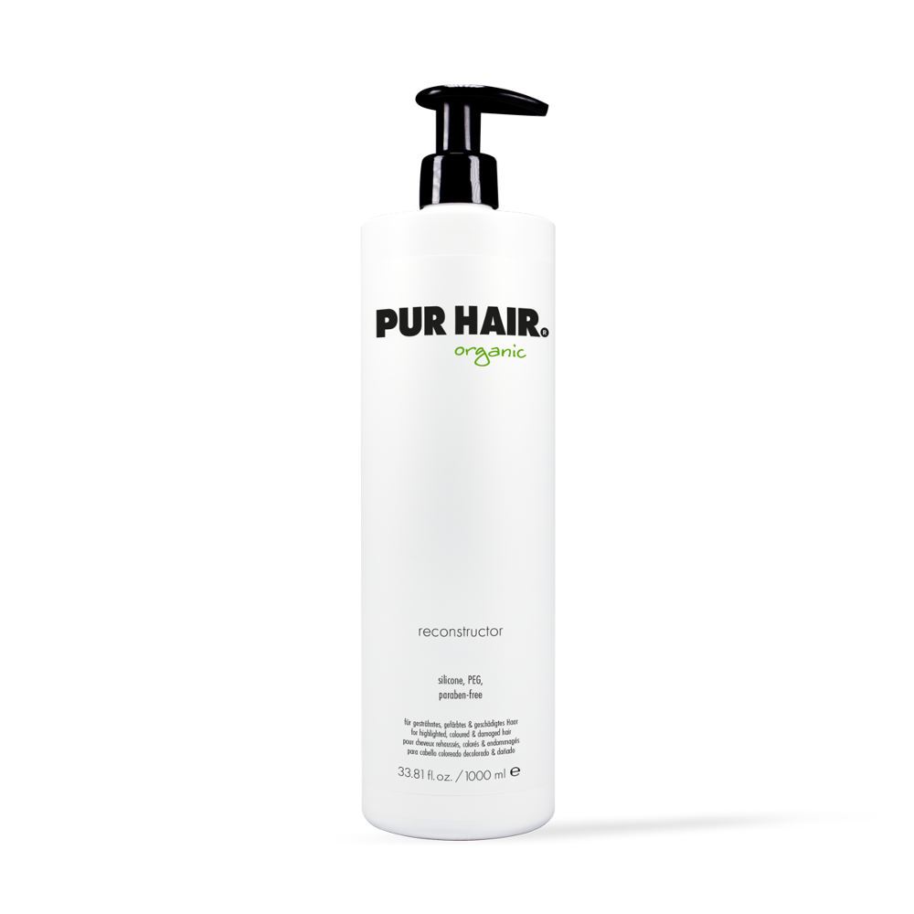 PUR HAIR Organic Reconstructor, 1000 ml Flasche in weiß mit schwarzem Pumpspender.