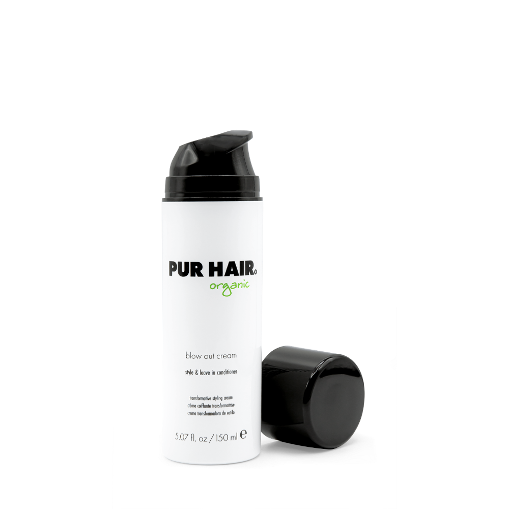 PUR HAIR Organic Blow Out Cream Föhncreme in weißer 150-ml-Dose mit schwarzem Dispender.