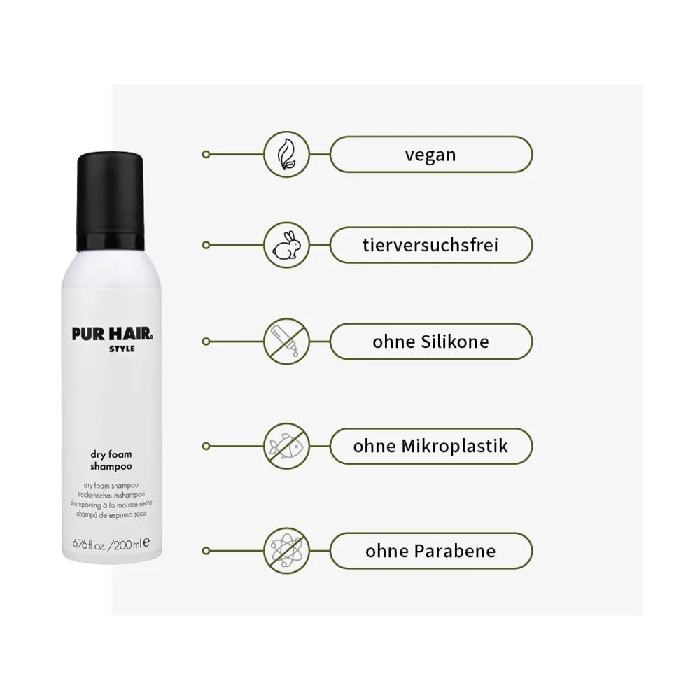 PUR HAIR Style Dry Foam Shampoo – weiße Flasche mit schwarzem Deckel