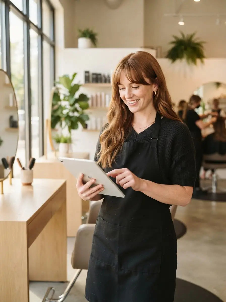 Friseurin im modernen Salon bei der digitalen Bestellung über ein Tablet.