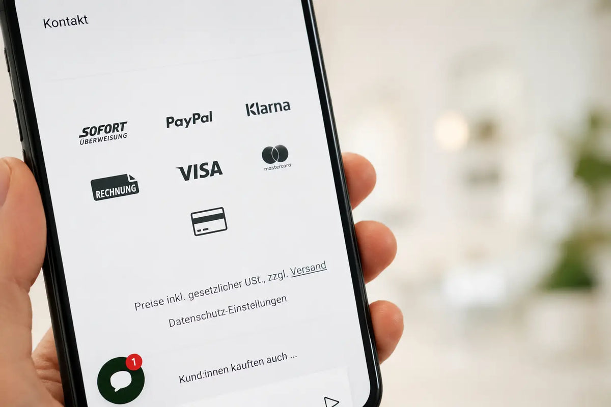 Smartphone mit verschiedenen Zahlungsmöglichkeiten wie PayPal, Klarna, Visa und Mastercard in einem Onlineshop.