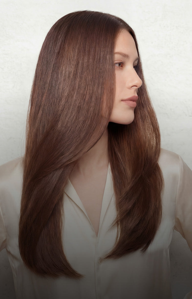 Model mit langem, glänzendem braunem Haar und natürlichem Haarglättungsergebnis.