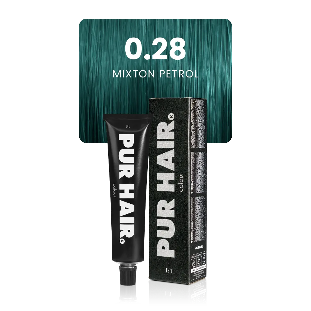 0.28 Mixton Petrol mit schwarzer Farbtube und Verpackung vor einer intensiven petrolfarben Strähne.