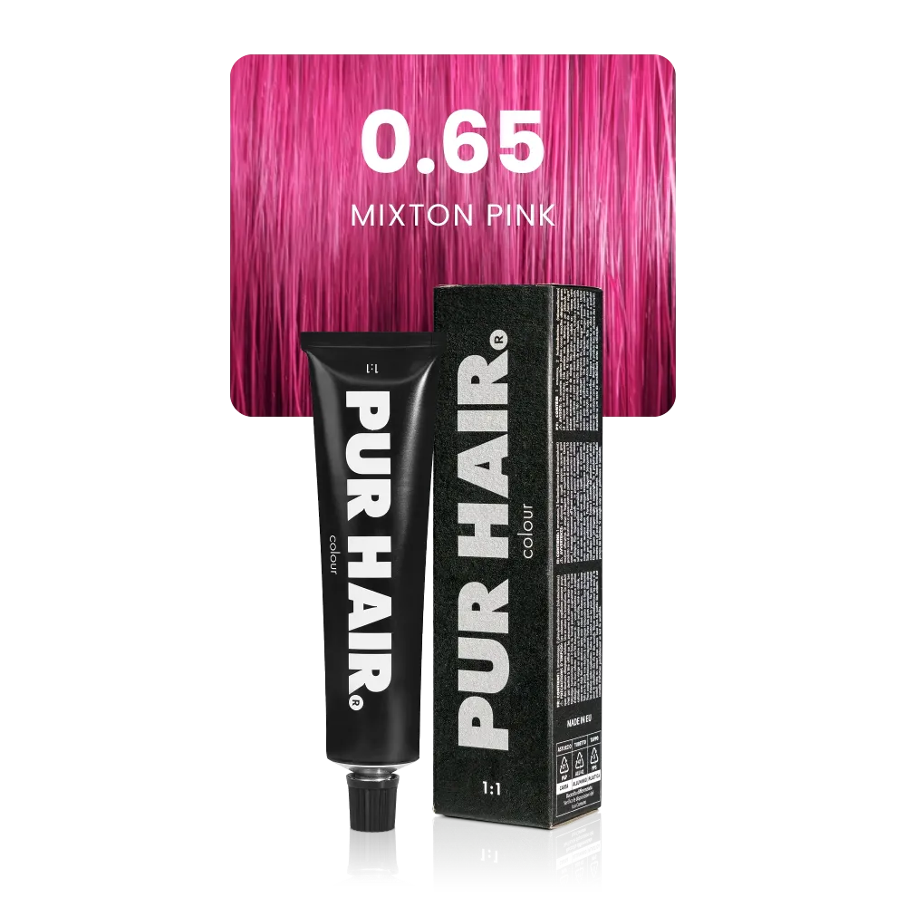 0.65 Mixton Pink mit schwarzer Farbtube und schwarzer Verpackung vor einer intensiv pinken Strähne.