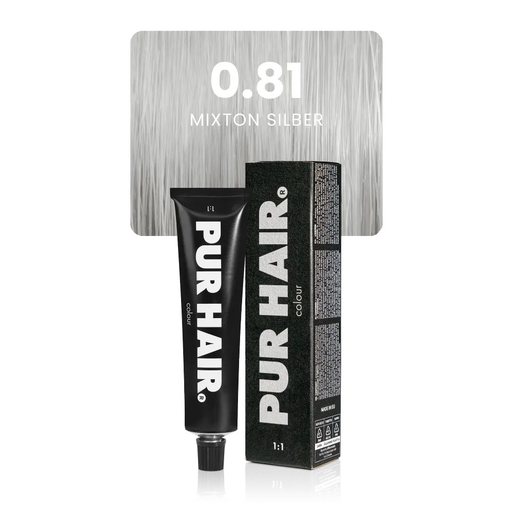 0.81 Mixton Silber mit schwarzer Farbtube und Verpackung vor sehr hellen, silbergrauen Strähne.