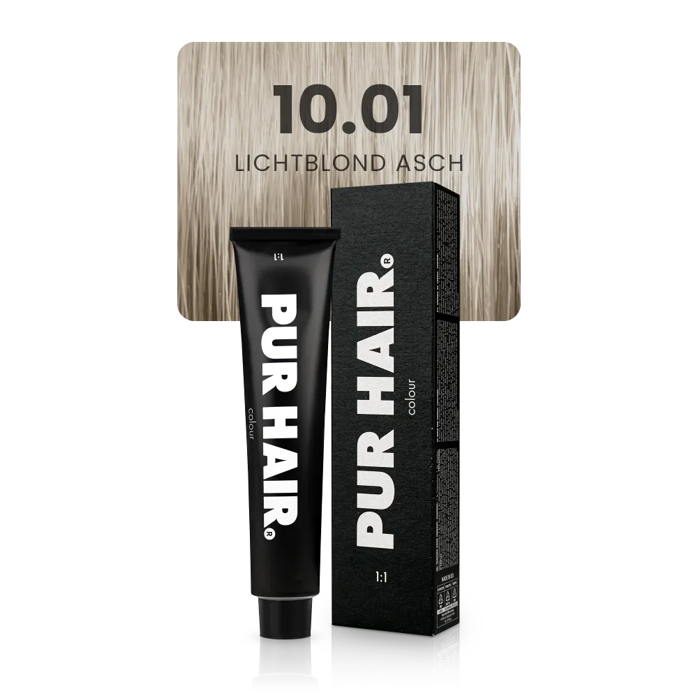 10.01 Lichtblond Asch Haarfarbe in schwarzer Tube und sehr heller, kühler aschblonder Farbsträhne.