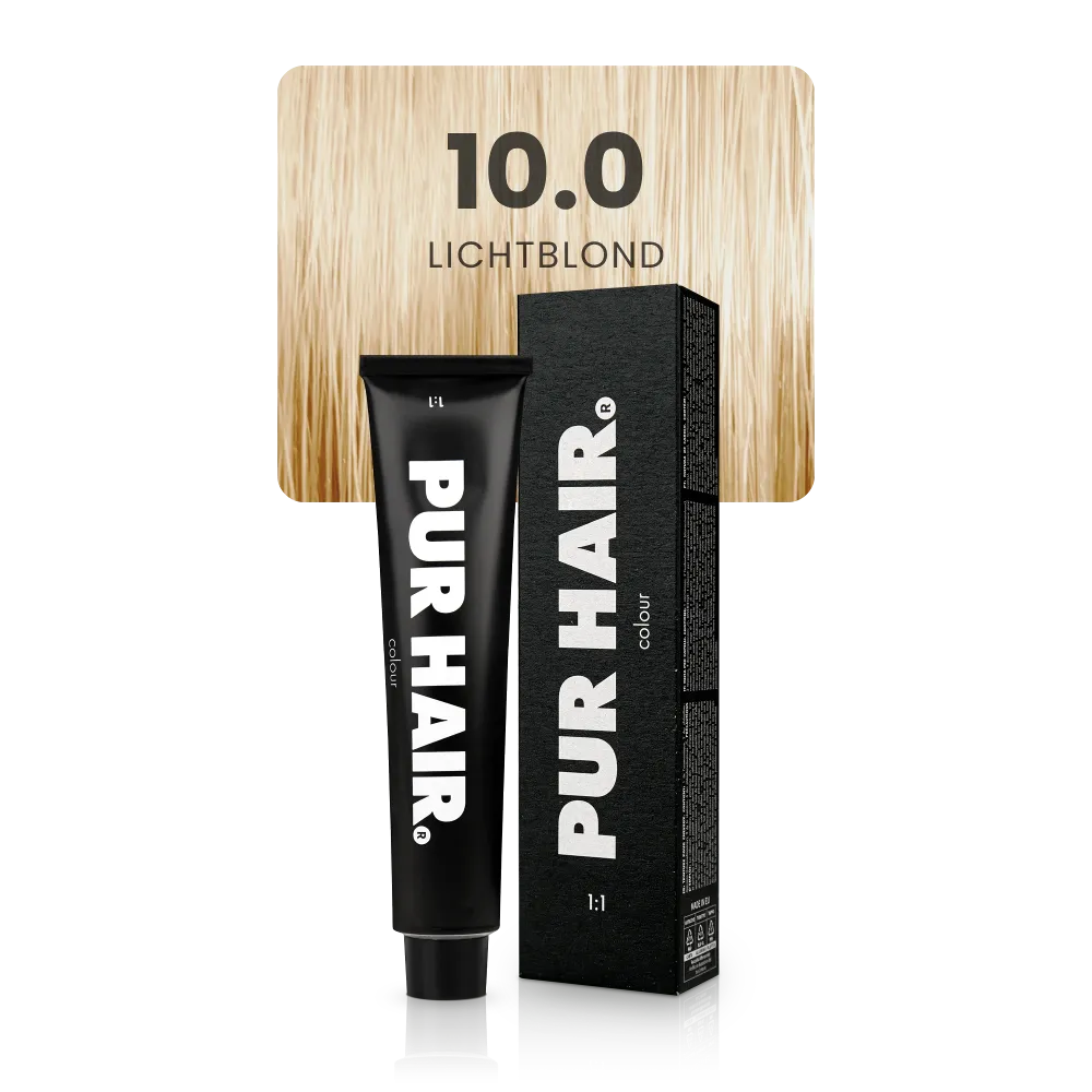 10.0 Lichtblond Haarfarbe in schwarzer Tube und sehr heller, neutralblonder Farbsträhne.