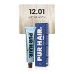 12.01 Natur Asch Haarfarbe in hellblauer Tube und sehr heller, natur blonder Strähne.