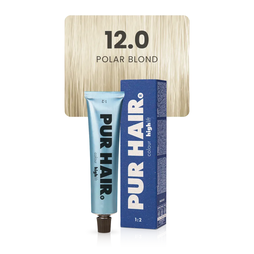 12.0 Polar Blond Haarfarbe in hellblauer Tube und sehr heller, kühler polar-blonder Farbsträhne.