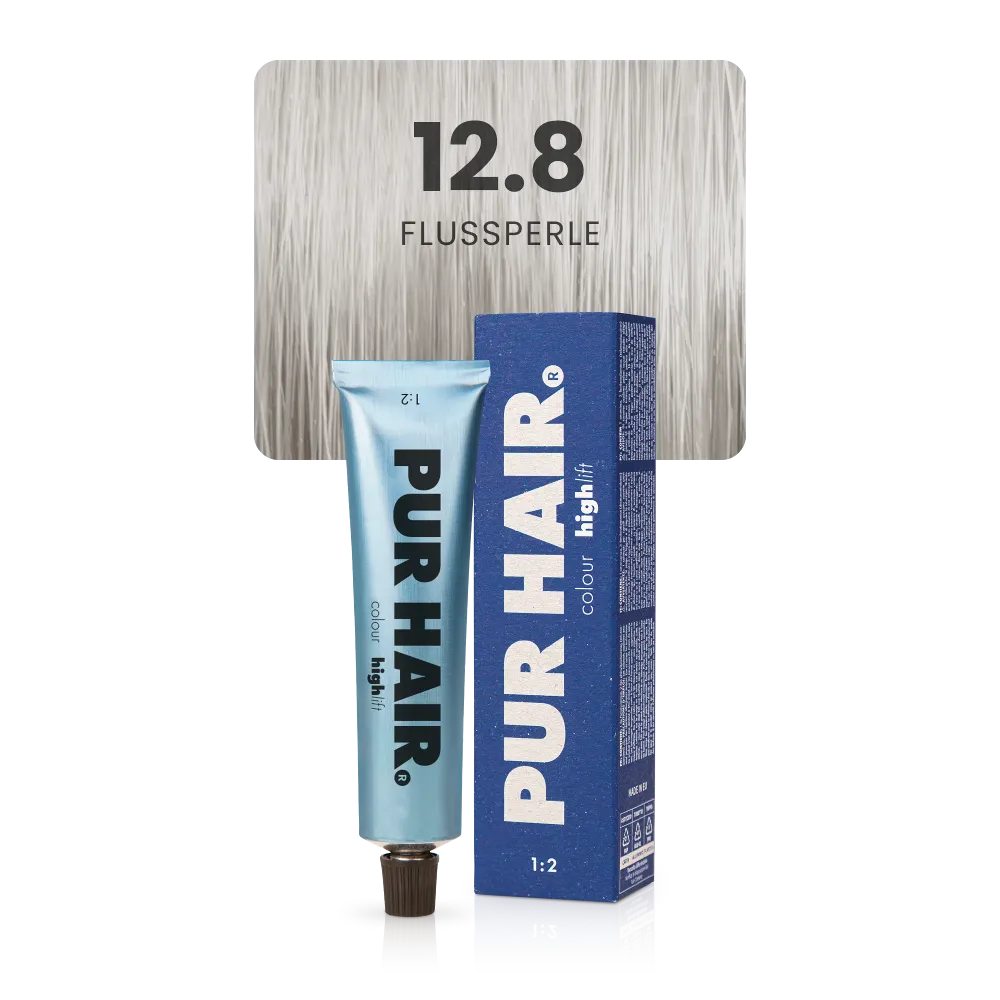 12.8 Flussperle Haarfarbe in hellblauer Tube und sehr heller, bläulich schimmerndem Blond-Strähne.