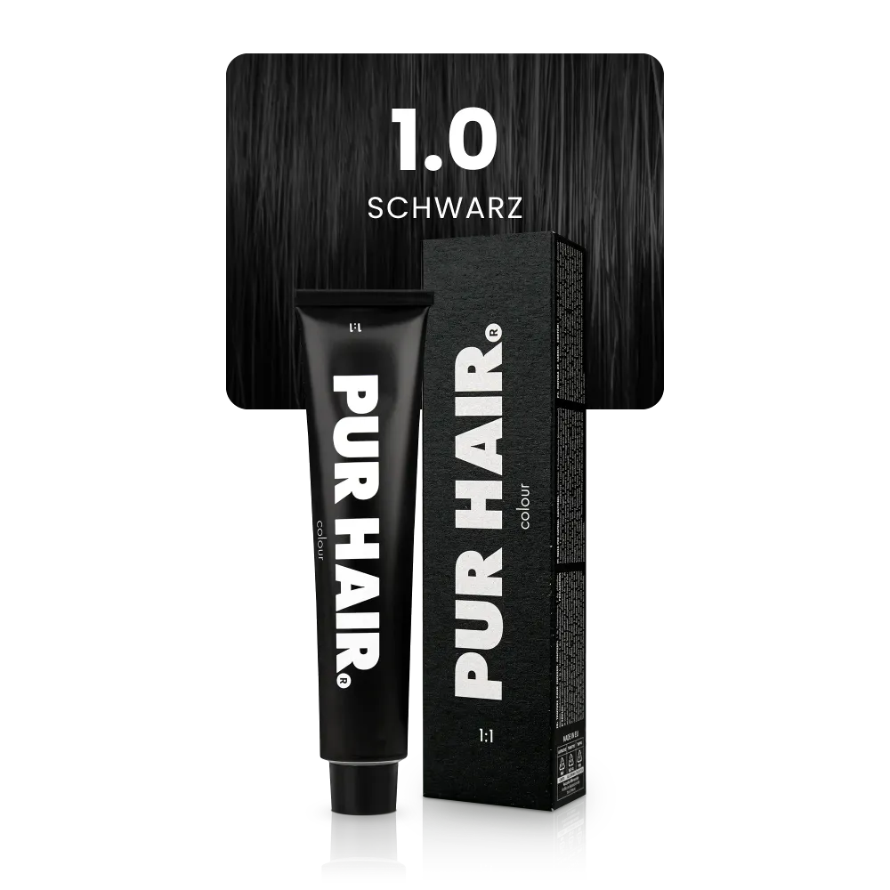 1.0 Schwarz mit schwarzer Farbtube und schwarzer Verpackung vor einer intensiv schwarzen Haarsträhne