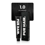 1.0 Schwarz mit schwarzer Farbtube und schwarzer Verpackung vor einer intensiv schwarzen Haarsträhne