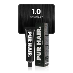 1.0 Schwarz mit schwarzer Farbtube und schwarzer Verpackung vor einer intensiv schwarzen Haarsträhne