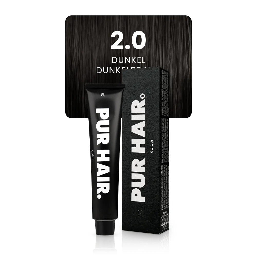 2.0 Dunkel Dunkelbraun mit schwarzer Farbtube und Verpackung vor sehr dunklen, tiefbraunen Strähne.
