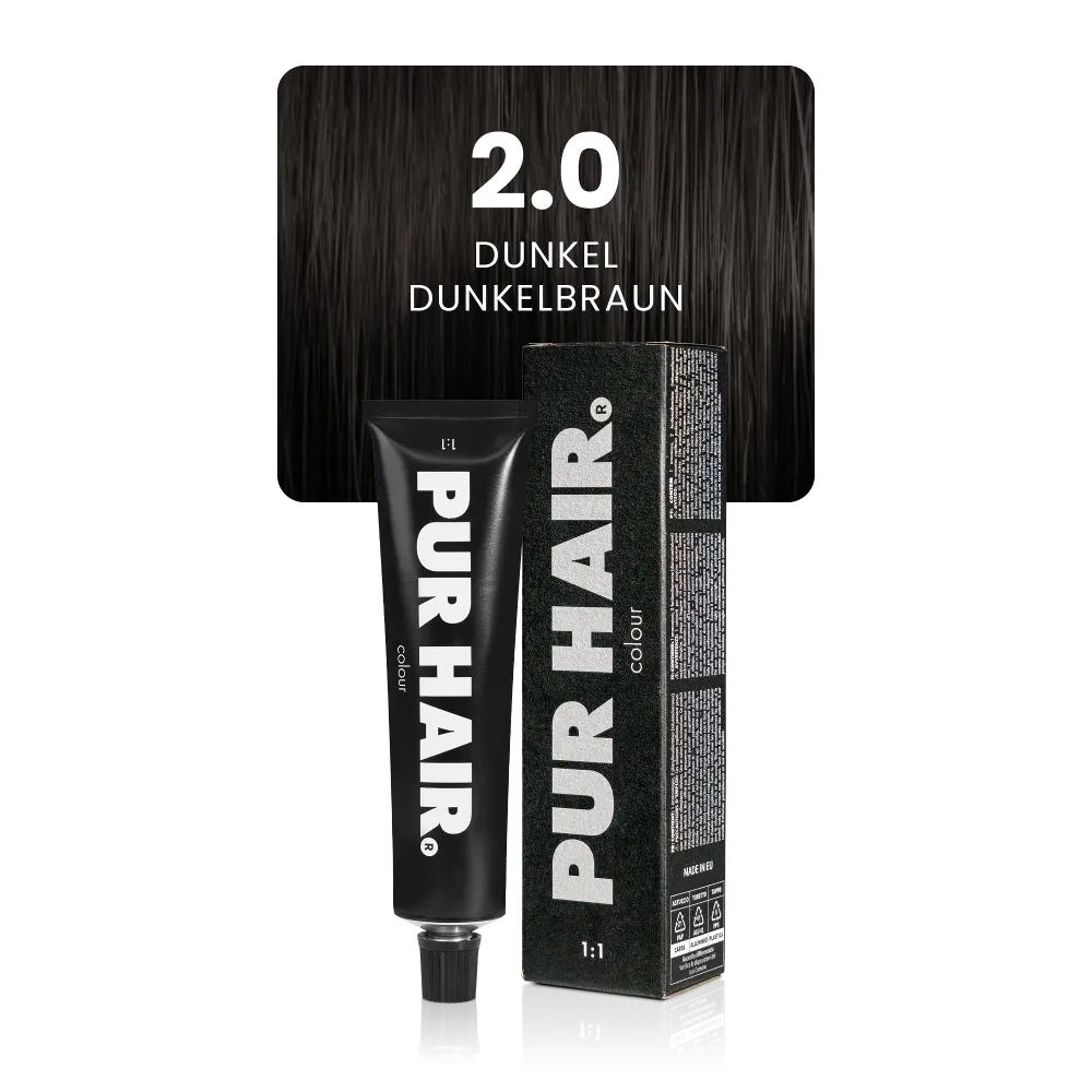 2.0 Dunkel Dunkelbraun mit schwarzer Farbtube und Verpackung vor sehr dunklen, tiefbaunen Strähne.