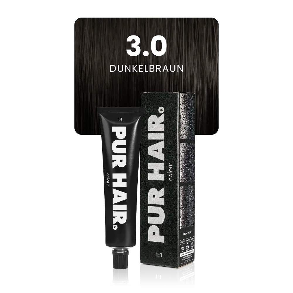 3.0 Dunkelbraun mit schwarzer Farbtube und Verpackung vor einer tief dunkelbraunen Strähne.