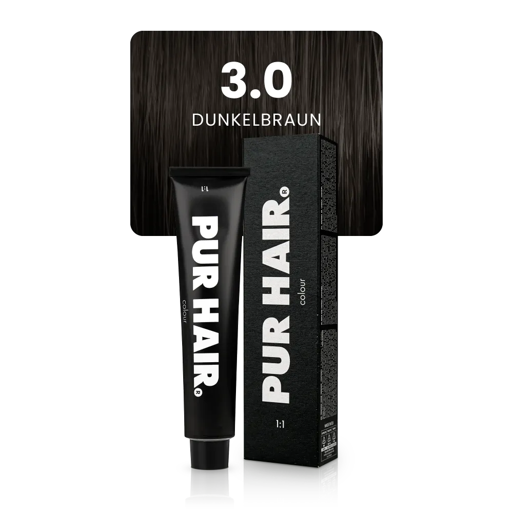 3.0 Dunkelbraun mit schwarzer Farbtube und Verpackung vor einer tief dunkelbraunen Strähne.
