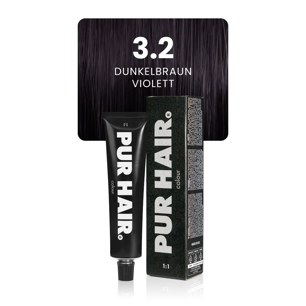 3.2 Dunkelbraun Violett mit schwarzer Farbtube und Verpackung vor tief dunkelbraunen Strähne.