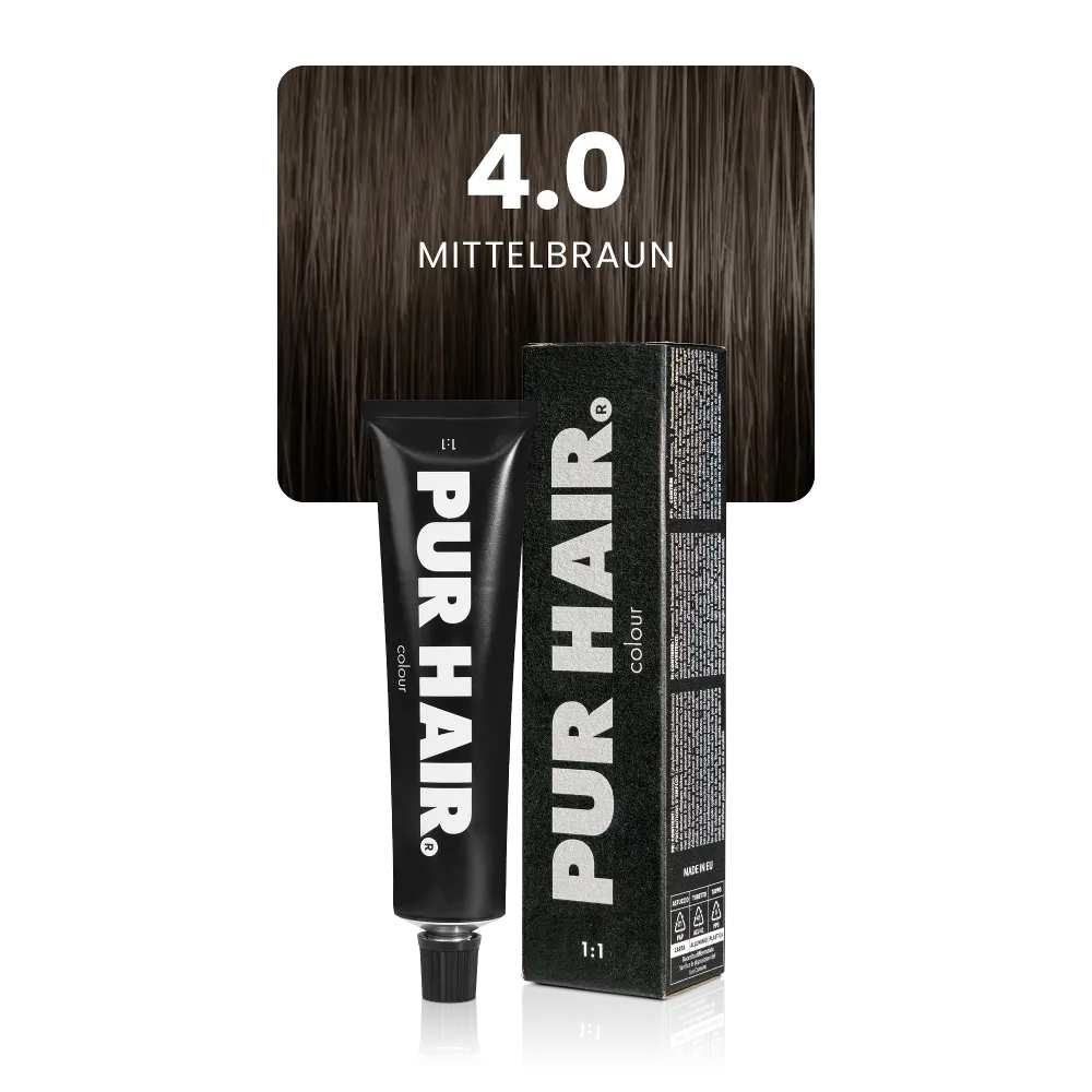 4.0 Mittelbraun mit schwarzer Farbtube und Verpackung vor einer natürlichen mittelbraunen Strähne.