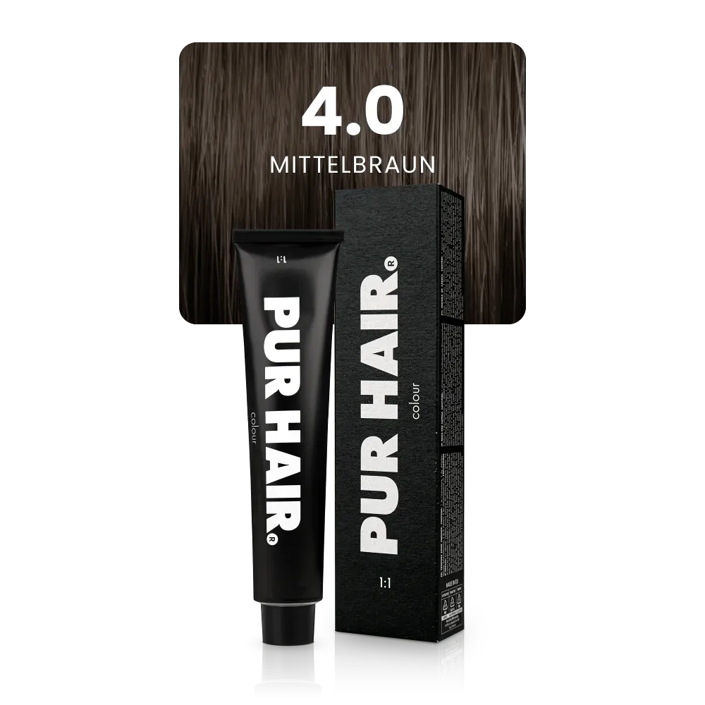 4.0 Mittelbraun mit schwarzer Farbtube und Verpackung vor natürlichen mittelbraunen Strähne.