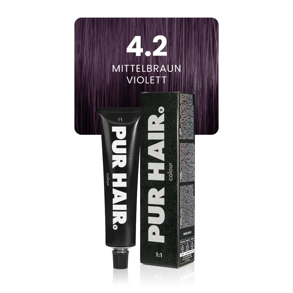 4.2 Mittelbraun Violett Haarfarbe in schwarzer Tube und intensiv violett-brauner Farbsträhne.