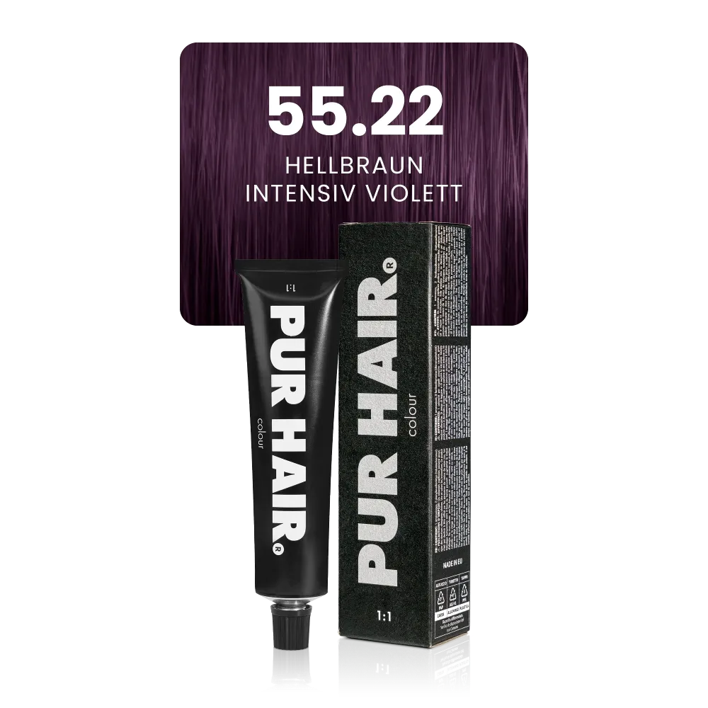 55.22 Hellbraun Intensiv Violett mit schwarzer Farbtube und Verpackung vor violett-purpurfarbenen St