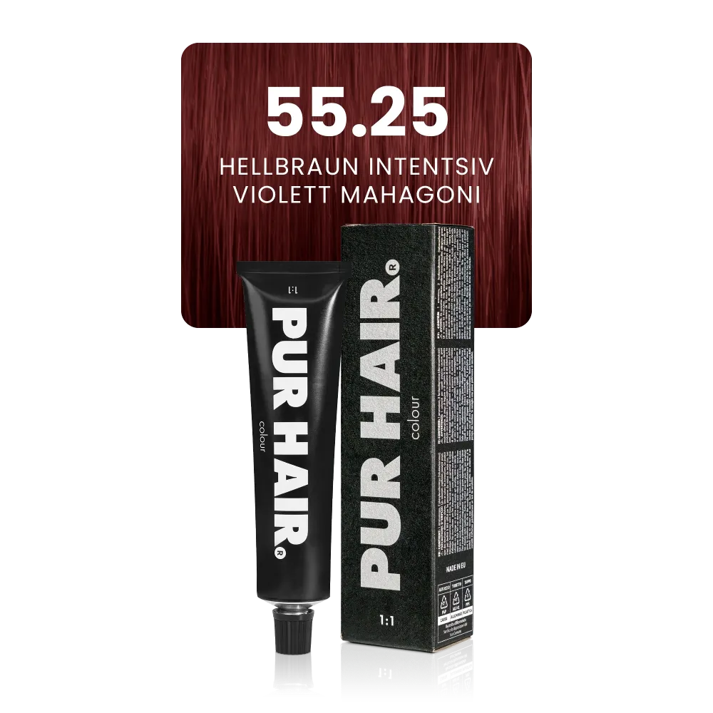 55.25 Hellbraun Intensiv Violett Mahagoni mit schwarzer Farbtube und Verpackung vor dunkelroten Strä