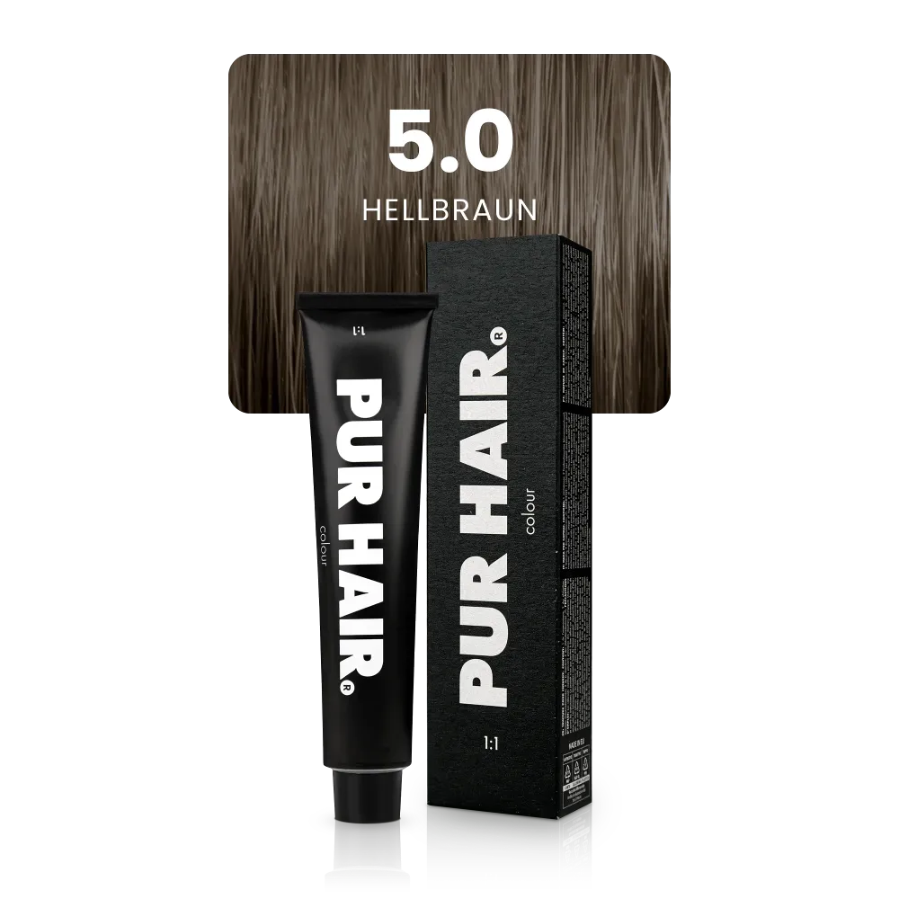 5.0 Hellbraun mit schwarzer Farbtube und Verpackung vor einer natürlichen hellbraunen Strähne.