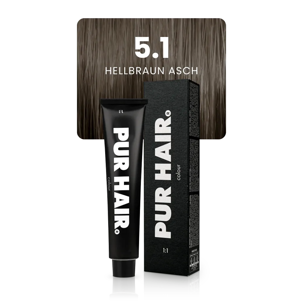 5.1 Hellbraun Asch Haarfarbe in schwarzer Tube und dunkler, kühler aschbrauner Farbsträhne.