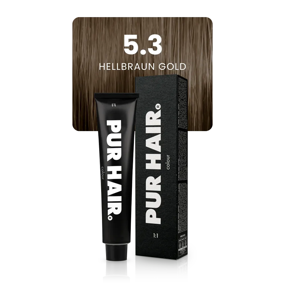 5.3 Hellbraun Gold Haarfarbe in schwarzer Tube mit goldbrauner Haarsträhne.