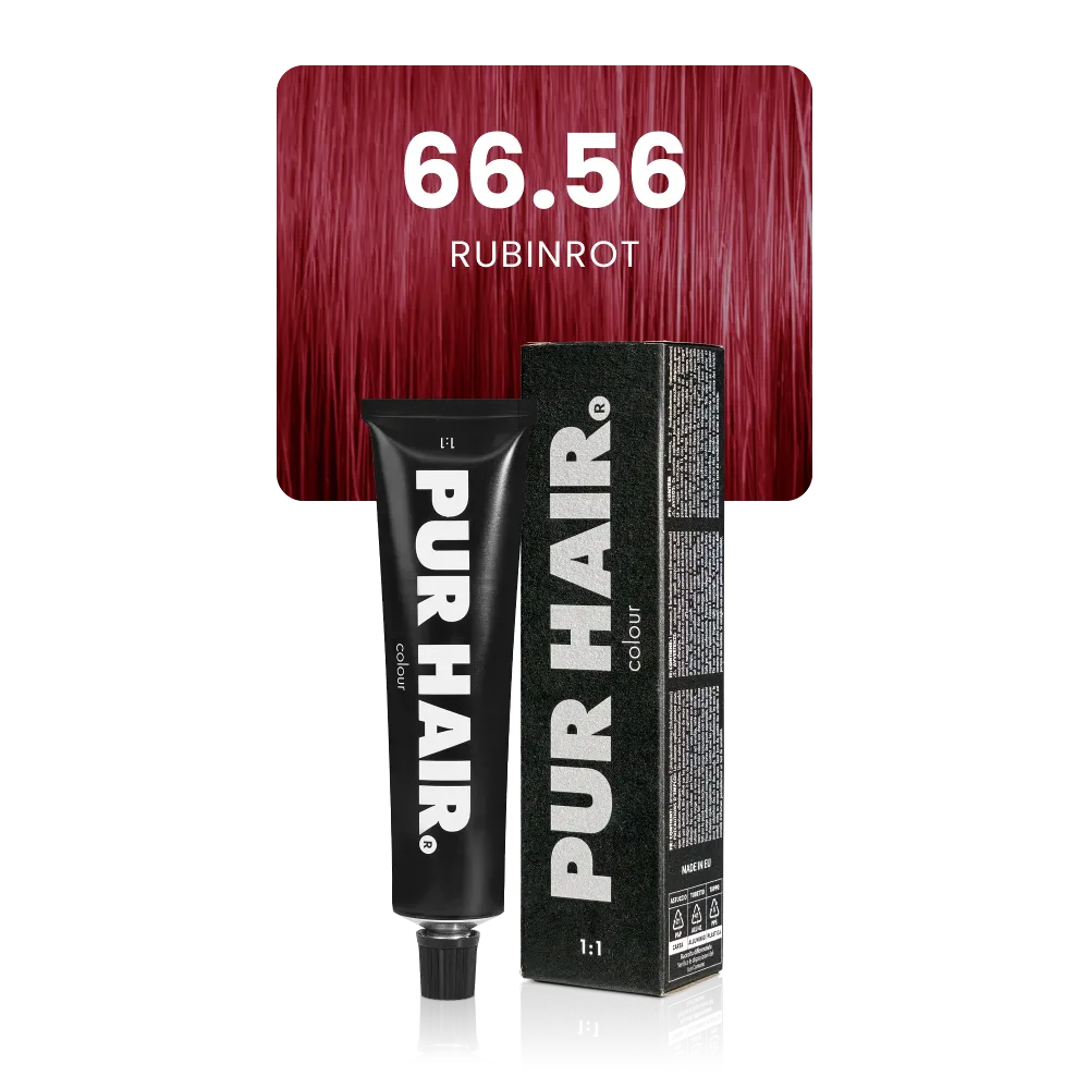 66.56 Rubinrot mit schwarzer Farbtube und Verpackung vor intensiven rubinroten Haarsträhne.