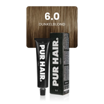6.0 Dunkelblond Haarfarbe in schwarzer Tube mit Verpackung und natürlicher dunkelblonder Strähne