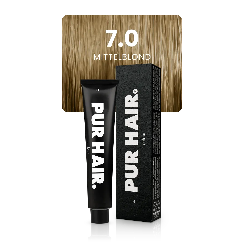7.0 Mittelblond mit schwarzer Farbtube und Verpackung vor natürlicher mittelblonder Haarsträhne.