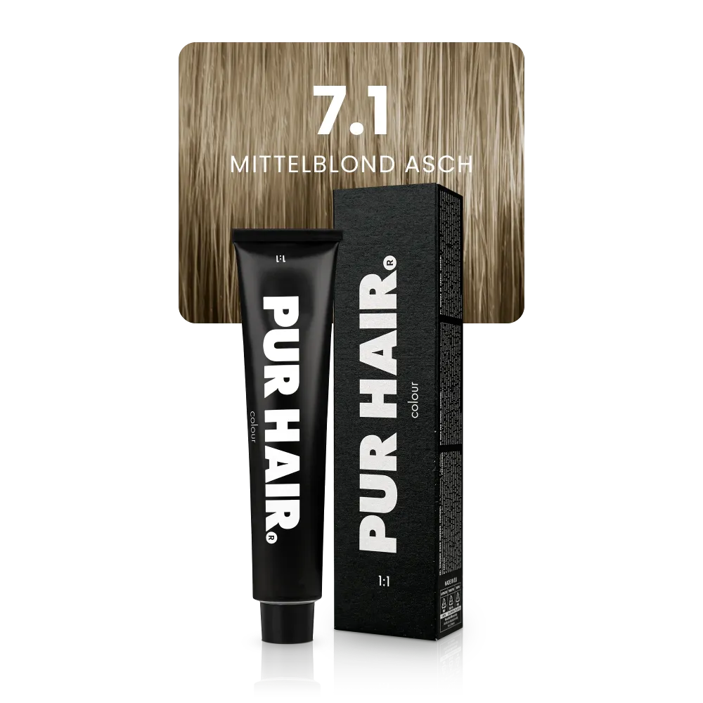 7.1 Mittelblond Asch mit schwarzer Farbtube und Verpackung vor einer mittelblonden, aschigen Strähne
