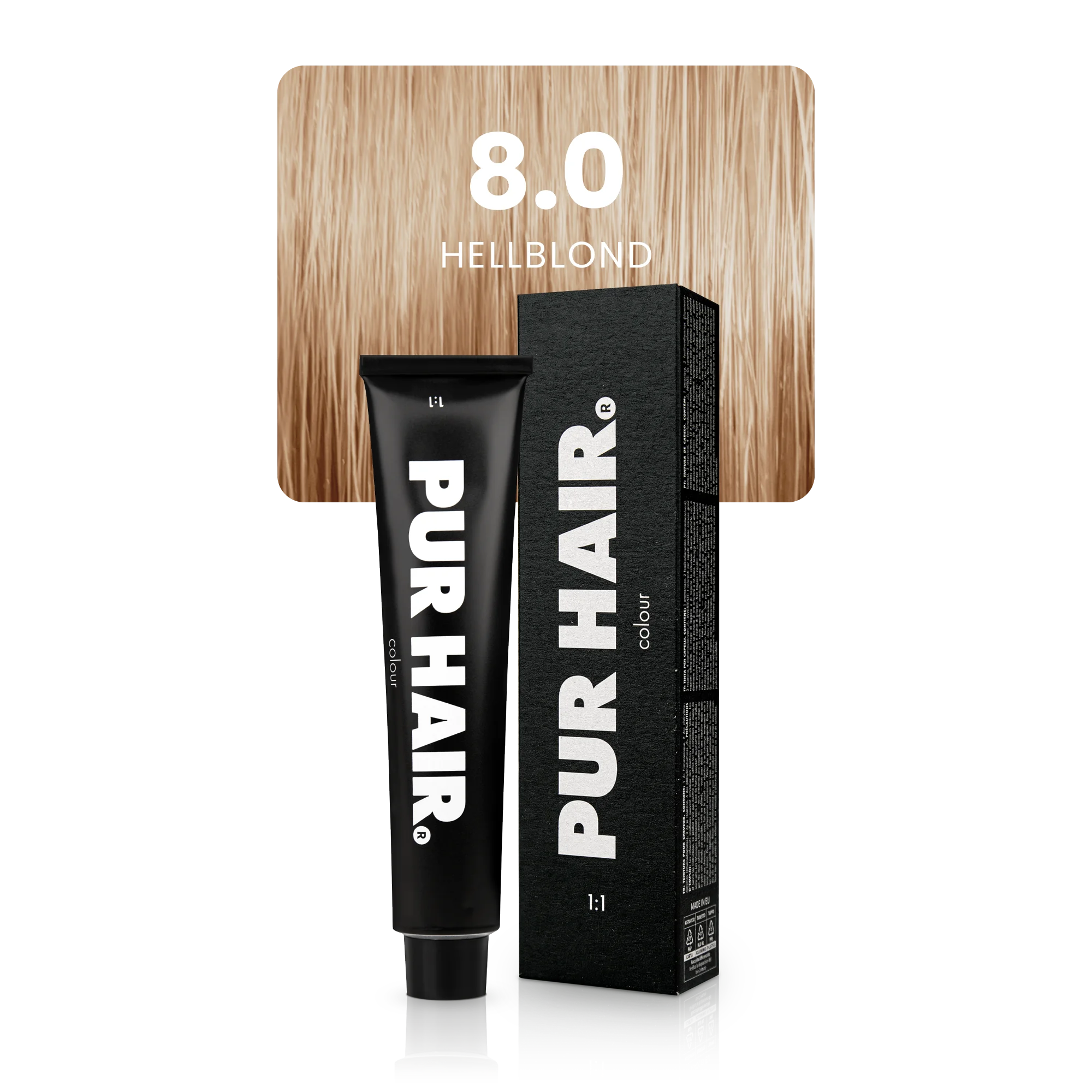  Colour 8.0 Hellblond Haarfarbe in schwarzer Tube mit Verpackung vor hellblonder Haarfarbsträhne