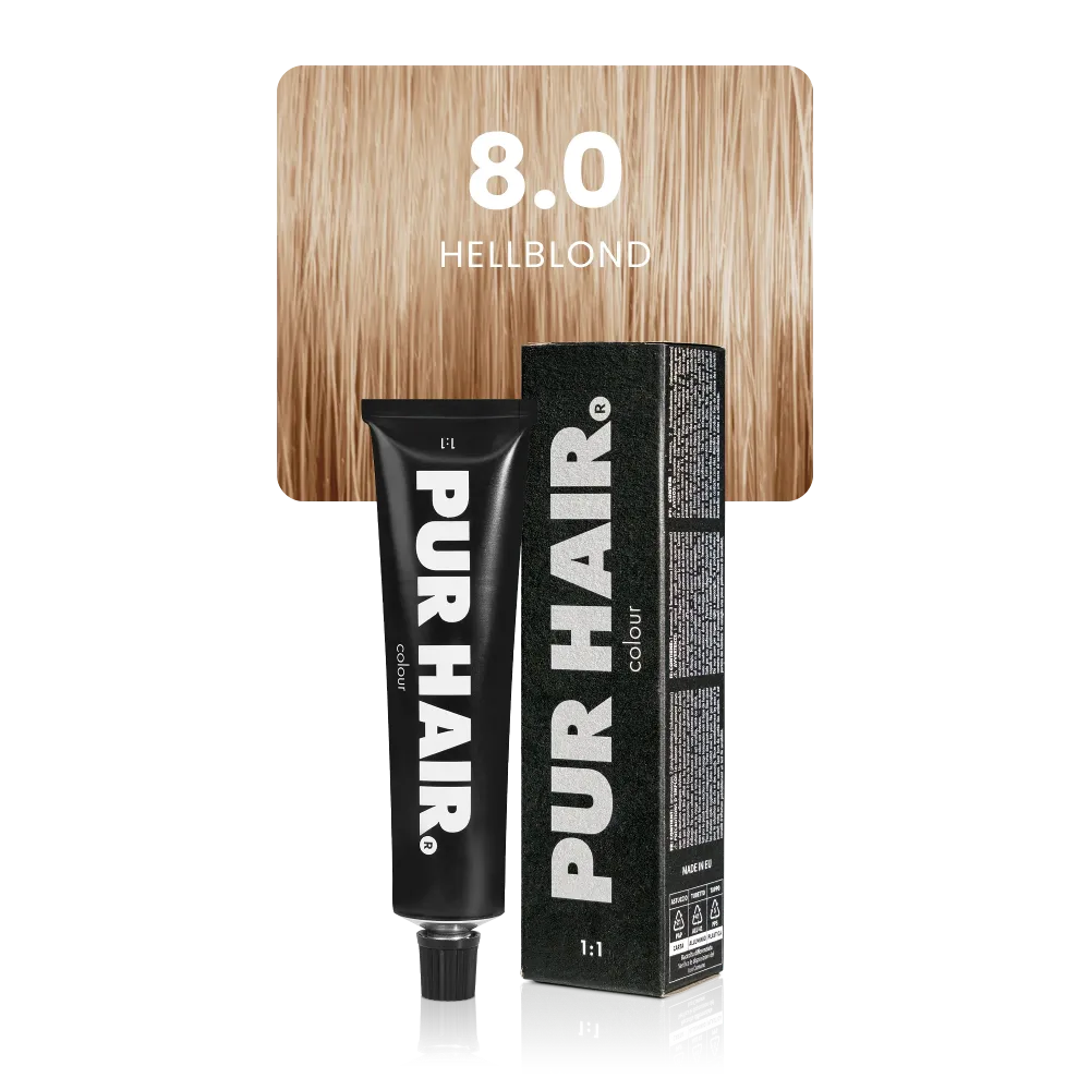  Colour 8.0 Hellblond Haarfarbe in schwarzer Tube mit Verpackung vor hellblonder Haarfarbsträhne