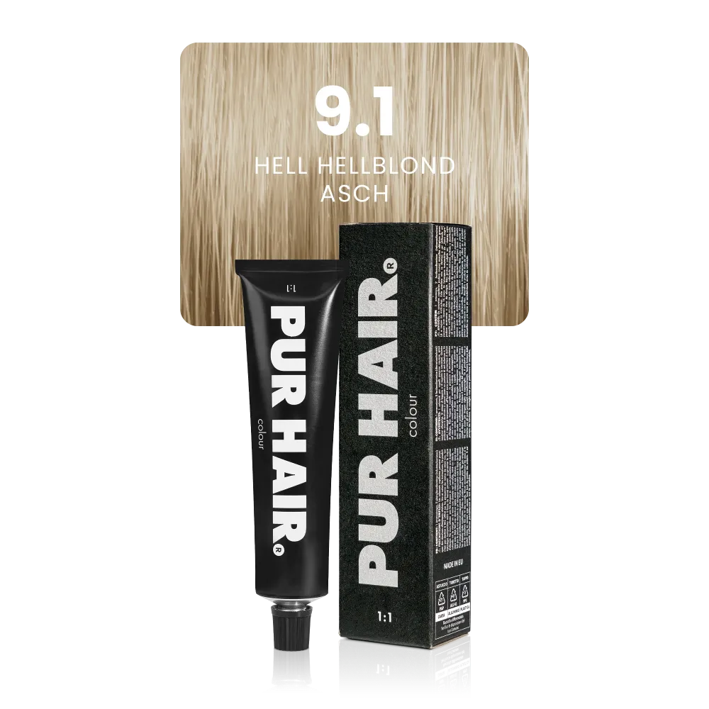 9.1 Hell Hellblond Asch Haarfarbe in schwarzer Tube mit Verpackung und kühler aschblonder Strähne.