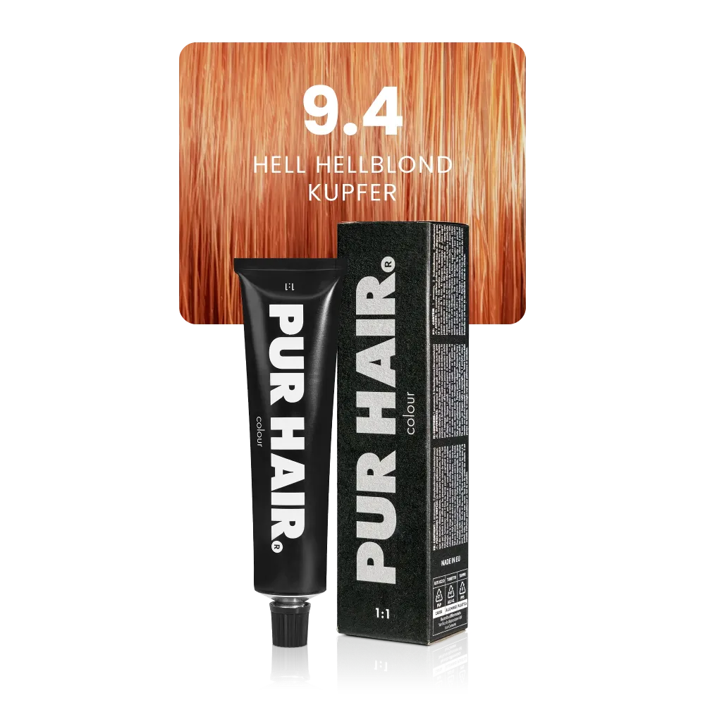 PUR HAIR Colour Haarfarbe 9.4 Hell Hellblond Kupfer mit Farbtube, Verpackung und kupferfarbener Haar