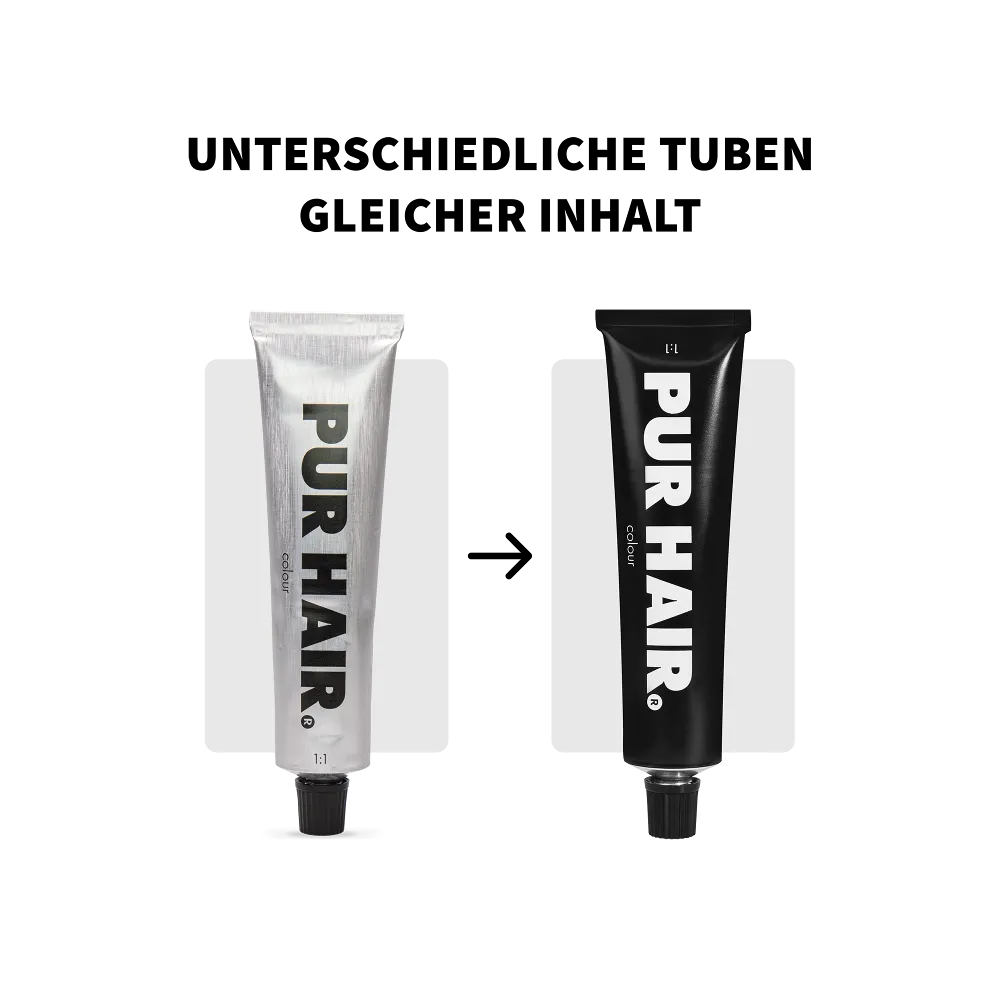 PUR HAIR Colour Haarfarben in silberner und schwarzer Farbtube im direkten Verpackungsvergleich.